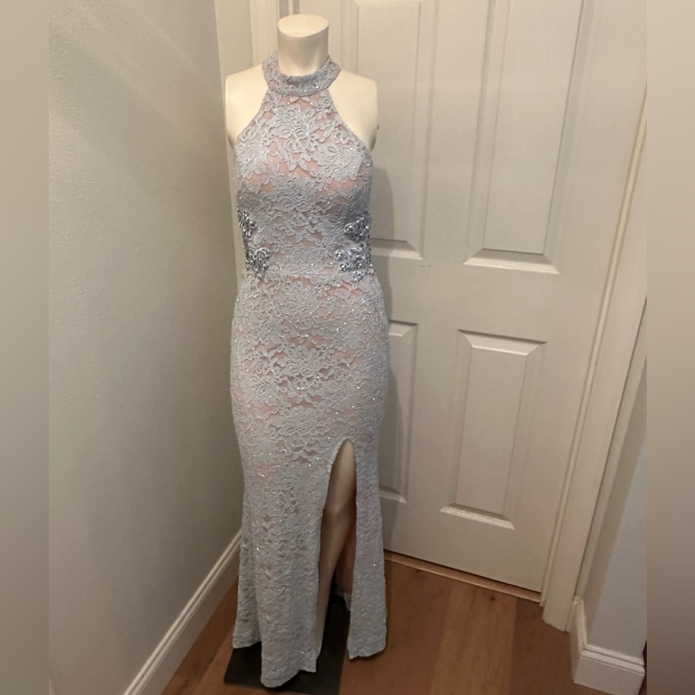 Women’s blue lace long evening gown. Jodie Kristopher size 7